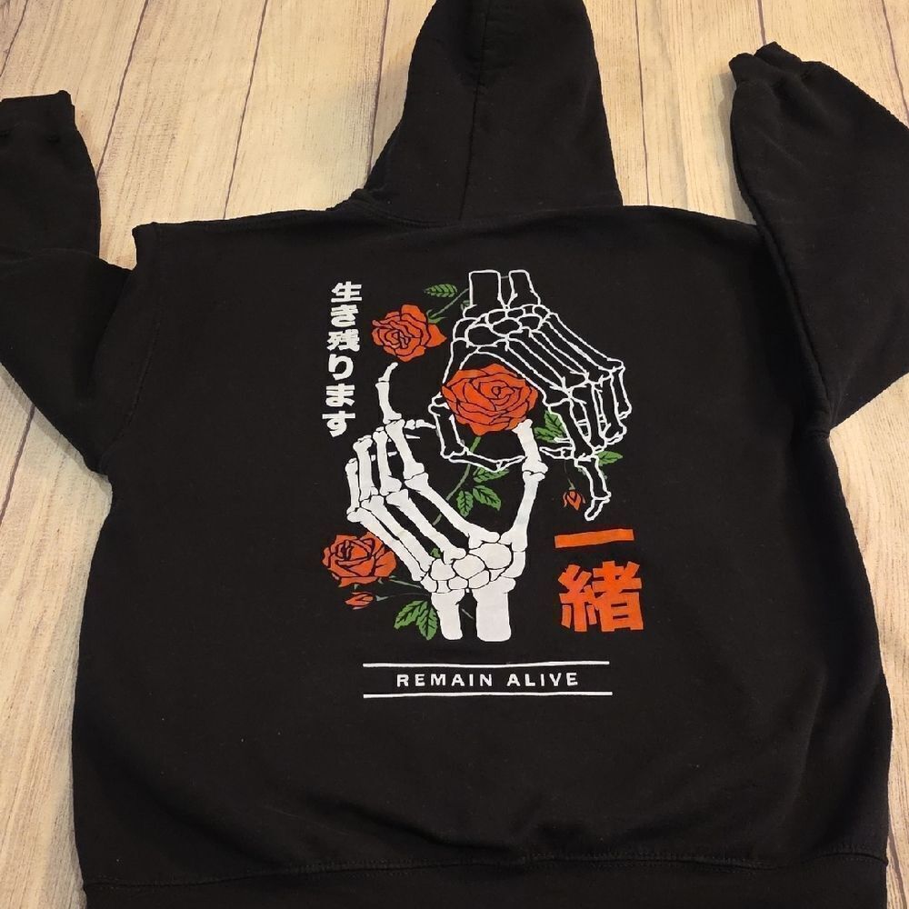 Black Hoodie with Skeleton and Rose Design - Picture 6 of 6